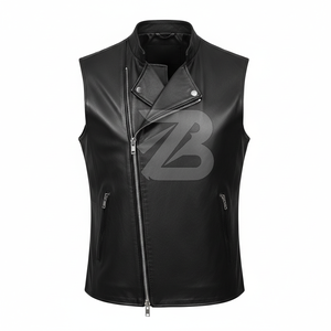 Gilet de motard en cuir véritable pour homme, noir, fermeture éclair asymétrique, style moto, vente en gros OEM - Product Image 1