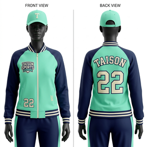 Chaqueta de Entrenamiento de Béisbol para Mujer, 300 GSM, Tejido de Poliéster Interlock, Verde con Rayas Doradas, Paneles en Contraste, Bordado Tackle Twill - Product Image 4