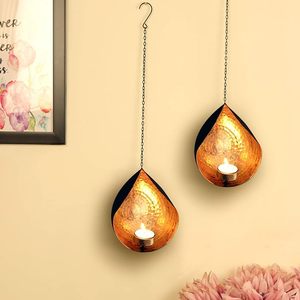 Handmade Hammered Copper Teardrop Hanging <b>Tea</b> Light Candle Holder Set of 2 Decorative Wall Hanging Lantern for Home Decor - Product Image 1