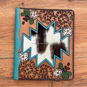Top Selling Handcrafted Western Floral Genuine Tooled <b>Leather</b> & Cowhide Planner Hair on Star Pattern Genuine <b>Leather</b> Portfolio - Product Image 3