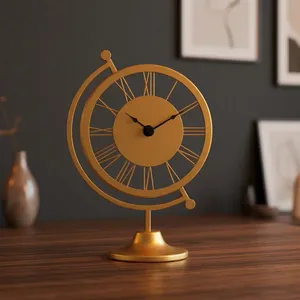 Reloj de Escritorio Tradicional de Latón, Diseño Circular, Acabado Dorado, Soporte de Tres Patas, Movimiento de Salto, Agujas Luminosas, Proyección - Product Image 2