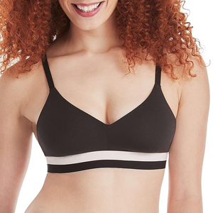 Sujetador deportivo negro con cuello en V y dobladillo a rayas, bralette de yoga de soporte bajo, top suave de ropa deportiva para mujer, ideal para Pilates - Product Image 1