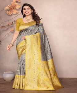 Sari de seda amarillo y gris con borde estampado, traje tradicional indio para bodas, para mujeres - Product Image 1