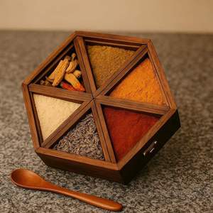 Traditional Wooden Masala Dabba with Geometric Multi Compartment Design Hinged Lid for Organized Spice and Seasoning Storage <b>Box</b> - Product Image 3