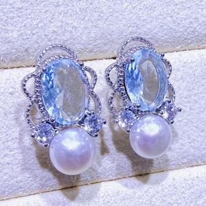 Boucles d'oreilles pendantes en zircon et perles d'eau douce bleu marine rétro français de Zhuji Source Wholesale, luxe exquis, mode bleu clair français - Product Image 3