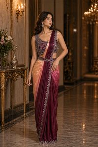 Sari en soie élégant rose à violet dégradé avec chemisier orné et bordure, idéal pour les mariages, longueur ras du sol, coupe classique pour femme - Product Image 3