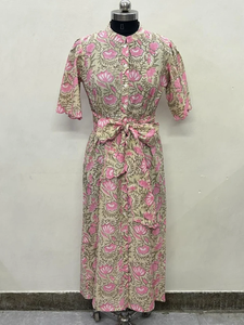 Vestido Midi Informal para Mujer, 100% Algodón Tejido, Estampado Floral Liso/Sólido, Detalles Estructurales, Manga Corta, Cintura Imperio, Estilo Babydoll - Product Image 4