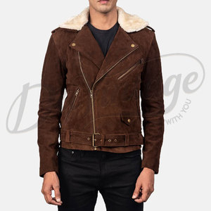 Chaqueta de Motociclista de Cuero Marrón para Hombre con Cuello de Piel de Oveja Crema, Corte Ajustado, con Cinturón, Chaqueta de Moto de Cuero Genuino - Product Image 3