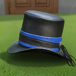 Premium quality custom made Handmade Black Leather Top <b>Hat</b> Steampunk Gothic Cosplay with Blue <b>Band</b> - Product Image 2