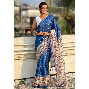 Sari en soie Katki bleu foncé Elite Weaves imprimé Kalamkari avec bordure Zari pour soirée - Product Image 2
