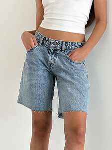 Shorts mini taille haute pour femme en jean de coton coupe ample avec ourlet brut et poches - Product Image 4