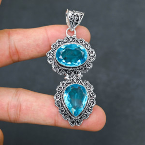 High Quality Sparkling LAB-CREATED Blue Topaz Solid Sterling <b>Silver</b> Rhodium Plated Bohemian Style Wedding Pendant Women's - Product Image 1