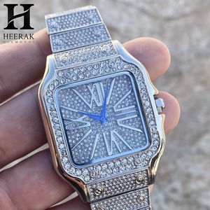 Montre pour homme en argent avec diamants incrustés, cadran carré, aiguilles bleues et chiffres romains allongés, style Santos, montre-bracelet personnalisée Hip Hop - Product Image 3