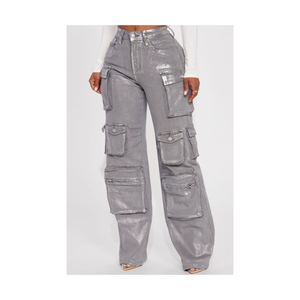 กางเกงผู้หญิง Joel แฟชั่นล่าสุด ลายพิมพ์สีเงิน ผ้าฝ้าย 100% เอวสูง ระบายอากาศได้ดี กางเกงคาร์โก้ทรงขาบานสำหรับสาวพลัสไซส์ - Product Image 3