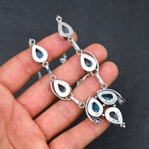 Customized Handmade Blue Topaz Lab Created Pear Freshwater Pearl Sterling Silver 18 Inch Luxury Wedding Gift Necklace For Women - Product Image 4