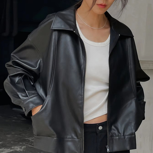 Blouson en cuir pour femme, col rabattu, manches longues, fermeture éclair, couleur unie, automne, longueur courte - Product Image 5