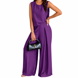 Women's Sleeveless <b>Linen</b> Jumpsuit O-Neck Wide Leg Regular Fit Solid Color Casual Spring Summer Anti-Pilling One Piece Set - Product Image 4