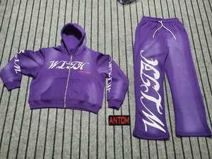 Conjunto de Sudadera con Capucha y Pantalones Deportivos de Felpa Gruesa con Lavado Ácido Morado Personalizado, Traje Deportivo con Estampado Gráfico para Hombre - Product Image 1