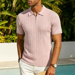 เสื้อโปโลผู้ชายสีชมพู แขนสั้น ผ้าถัก สีพื้น ซิป คอปก ดีไซน์ลำลอง ระบายอากาศได้ดี ทรงปกติ - Product Image 3