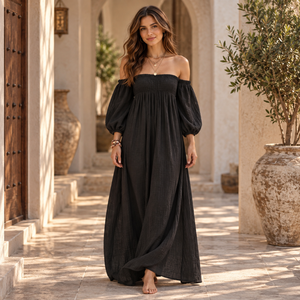 Black off Shoulder Maxi <b>Dress</b> Women Lantern Sleeve | <b>Boho</b> Woven Fabric Natural Waist Daily <b>Summer</b> Wear - Product Image 2