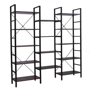 Libreria Industriale Vintage Francese a 5 Ripiani in Legno e Metallo, Scaffale Triplo Largo Aperto, Grande Etagere - Product Image 3