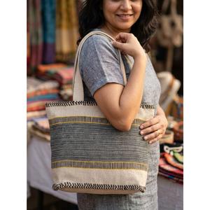 Bolsa de Mano Tejida a Mano de Algodón Suave, Bolsa de Hombro Ecológica de Fibra Natural, Gris a Rayas, para la Playa o el Mercado, a Bajo Precio - Product Image 2