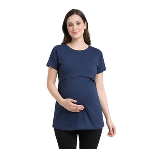Camiseta de Maternidad para Mujer, Manga Corta, Cuello Redondo, Corte Holgado, Color Sólido, Transpirable, de Algodón Tejido, Ropa Casual - Product Image 1