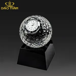 wholesale golf accessories 80MM crystal glass golf balls clock trophy awards with black crystal base funny golf gift set box