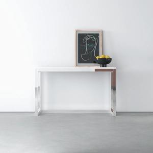 Console moderne convertible avec miroir, plateau en métal blanc et structure en métal argenté, mobilier minimaliste pour entrée et hôtel - Product Image 3