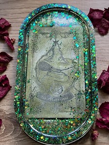 Bandeja Ovalada Verde Azul Dorado, Tarot del Mago, Brillantina Iridiscente, Resina Hecha a Mano, Decoración para el Hogar - Product Image 2
