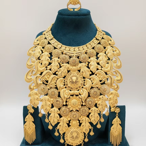 Elegant Trendy Gold Filled 24k Floral <b>Necklace</b> <b>Set</b> with Matching Earrings and Ring for <b>Bridal</b> & Festive Occasions Model 93065 - Product Image 1