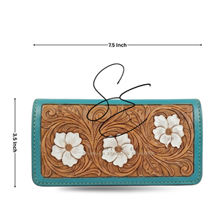 SEHRAINN Portefeuille long en cuir turquoise style cowgirl, orné de fleurs, pochette élégante pour femme, toutes saisons, usage quotidien, porte-cartes - Product Image 3