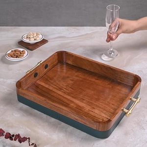 Bandeja Rectangular de Madera de Lujo con Asas de Metal Dorado - Bandeja Decorativa de Madera Sólida de Dos Tonos para Mesa de Centro y Cocina - Product Image 3