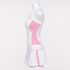 <b>Women</b> Breathable Tennis Dress <b>White</b> Pink Sleeveless Racerback Pleated Skirt Set With <b>Shorts</b> - Product Image 5