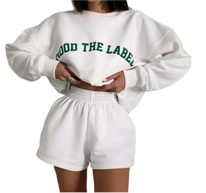 Women's <b>2</b> <b>Piece</b> <b>White</b> Crew Neck Sleeveless Short Top Green Pants <b>Set</b> Regular Fit Casual Summer Polyester/Cotton Knitted - Product Image 5