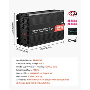 Inverter a Onda Sinusoidale Pura da 1500W, Convertitore da 12V DC a 120V AC per Auto con Telecomando e Porta USB Tipo C - Product Image 3