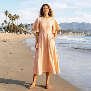 Vestido Midi de Verano 100% Algodón Hecho a Mano con Manga Campana, Cuello en V, Corte A, Ajuste Holgado, Transpirable, con Bolsillos Laterales, Cremallera y Cintura Alta, Tallas Grandes - Product Image 1