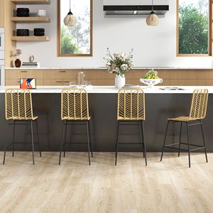 Set di 4 Sgabelli da Bar in Vimini Giallo, Altezza Bancone, con Gambe in Acciaio, Struttura in Legno, Poggiapiedi Robusto per Sala da Pranzo, Cucina, Pub - Product Image 2