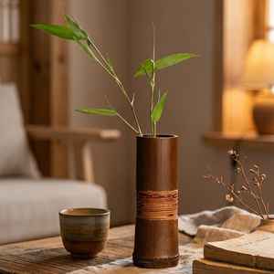 Vase de sol en bambou fait main, rustique, contemporain, pour mariage, support de fleurs hydroponiques, pot à stylos zen, minimaliste, en bois, pour salle de thé - Product Image 3