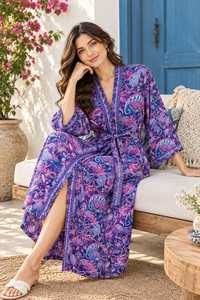 Kimono en coton à imprimé floral, col en V, manches 3/4 brodées à la main, ceinture à nouer et deux poches avant - Product Image 3