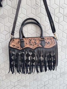 Hand Tooled Checkered Leather Fringe Tote Bag Cross-Body Large Size Western Fashion New Arrival Stylish <b>Purse</b> For Daily Use - Product Image 1