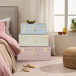 Stackable Metal Storage Trunks Nested Set of 3 Colorful Steel <b>Memory</b> Chests with Gold Accents for Blankets Toys and <b>Keepsakes</b> - Product Image 2