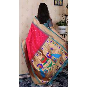 Sari en soie Paithani Bandhani rose, tissé avec des fils Zari, robe de mariée élégante - Product Image 4