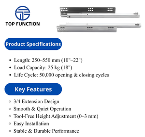 รางเลื่อนแบบไร้กรอบ ระบบกดเพื่อเปิด ขยายได้ 3/4 ท่อน ติดตั้งใต้ตู้ - Product Image 2