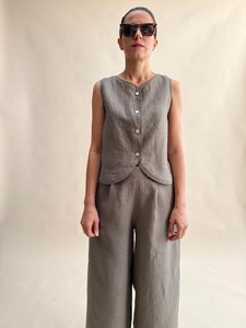 Conjunto de 2 Piezas para Mujer, Top Corto sin Mangas Estilo Vintage Lavado, Pantalones Anchos de Pierna Ancha, 100% Lino Plisado, Ecológico - Product Image 4