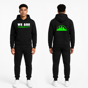 ชุดวอร์มฮู้ดดี้สีดำแบบกำหนดเองสำหรับผู้ชาย We Are Kansas City ชุดจ็อกกิ้งโลโก้แบบกำหนดเอง เสื้อผ้าสตรีทแวร์ ชุดกีฬา พิมพ์ลายสีนีออน - Product Image 1