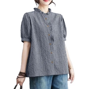 Mùa Hè Kiểm Tra Áo Phụ Nữ Thanh Lịch Phun Tay Áo Áo Sơ Mi Cổ Điển Lưới In Áo O Cổ Làm Việc Áo Giản Dị Lỏng Áo Sơ Mi - Product Image 5