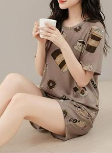 ชุดนอนแขนสั้นลายการ์ตูนกาแฟสำหรับผู้หญิง ชุดลำลองผ้าถักโพลีเอสเตอร์ ระบายอากาศได้ดี เอวยางยืด ชุดนอนสำหรับฤดูใบไม้ร่วง - Product Image 2