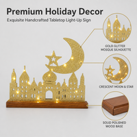 Silhouette de mosquée en bois avec lune croissante et étoile, décorée de paillettes dorées, fonctionnant sur piles, avec LED, pour la décoration de table et de maison pendant le Ramadan