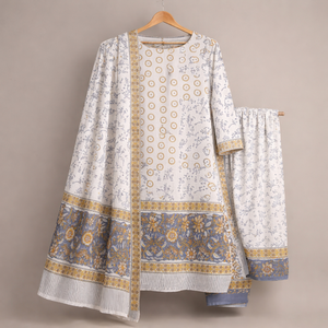 Traje Punjabi Floral Blanco Gris Premium |   Conjunto de Pijama Kurti de Algodón Hecho a Mano con Borde |   Conjunto de Vestido Sarong Indio Profesional - Product Image 4